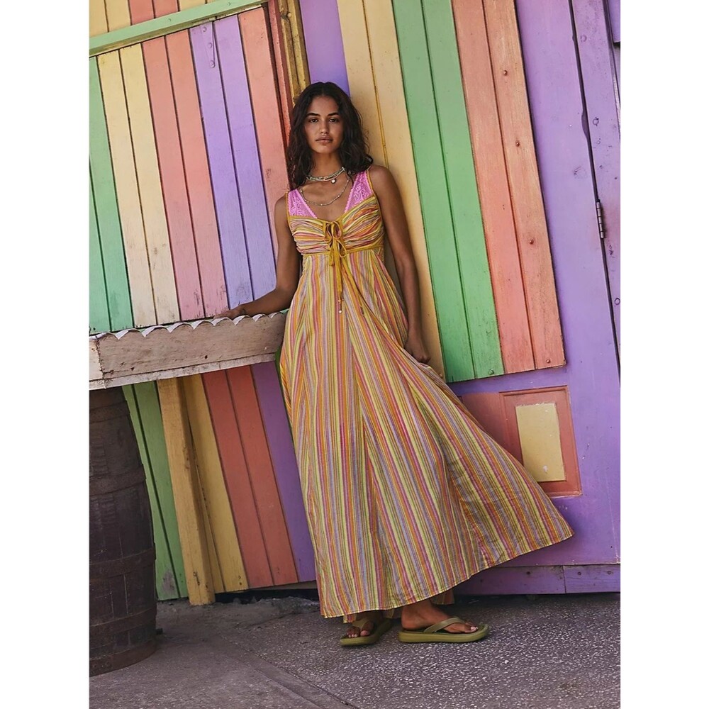 Free People Citrus Combo Poplin Dream Weaver Boho Maxi Dress Size Extra Large